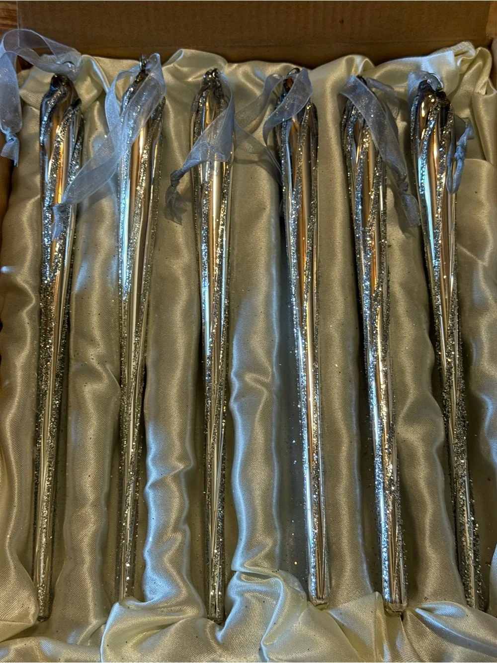 6 Boxed Silver Glass Icicle Vintage Frontgate Holiday Collection Ornaments